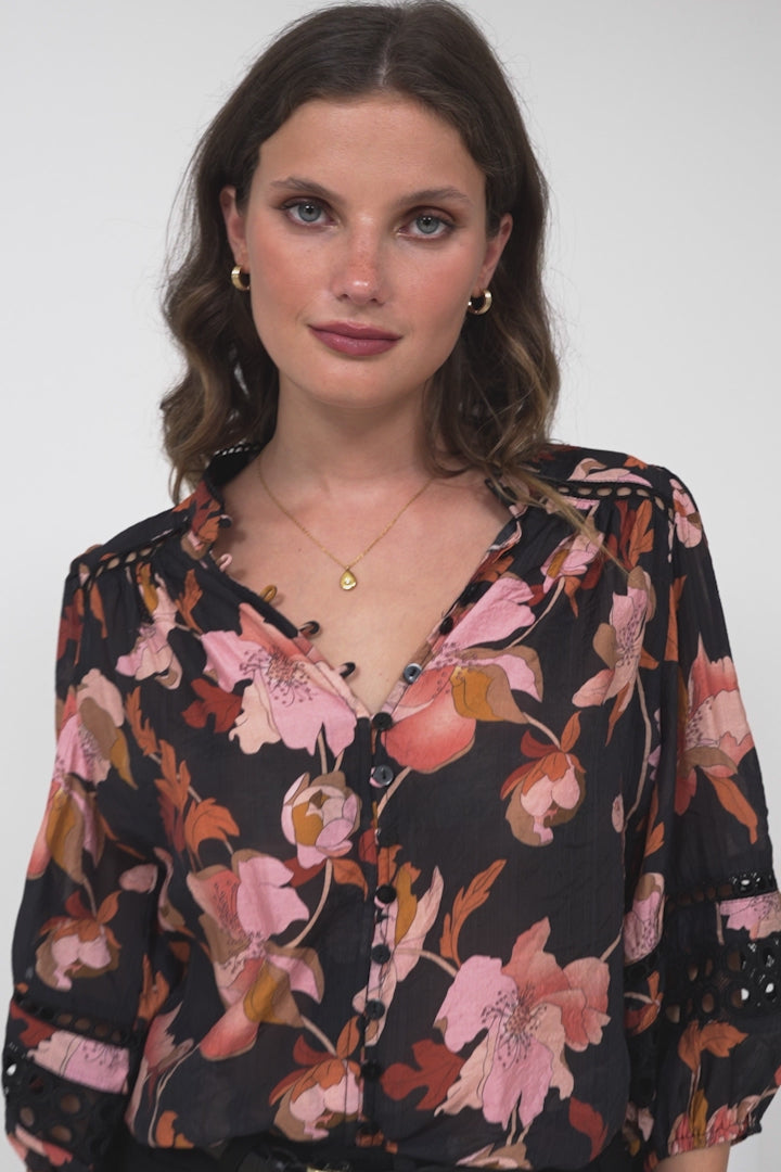 Alyce Shirt  - Mandarin Collar Cut Out Detailed Sleeve Button Down in Larissa Print Black