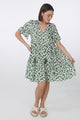 Abilia Mini Dress - Mandarin Collar Buttoned Bodice Smock Dress in Petra Print in Green