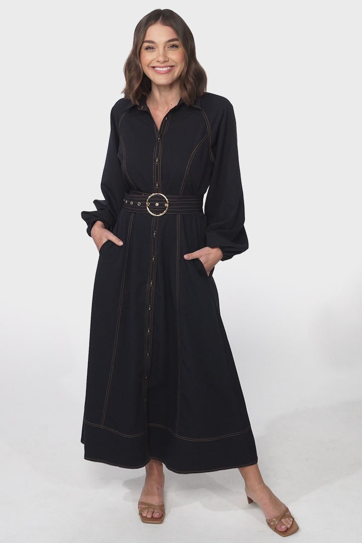 Brunne Maxi Dress - Contrast Stitching Long Balloon Sleeves Maxi Dress