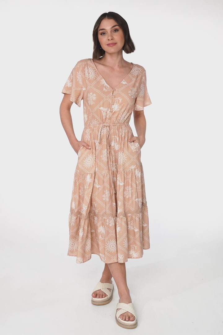 Marly Midi Dress - A Line Dress with Cap Sleeves and Rick Rack Splicing Kalah Print in Beige