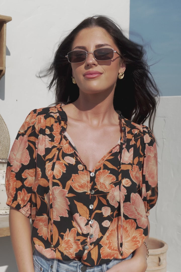 Neo Blouse - High Frill Collar Button Down Shirt in Yasmin Print Black