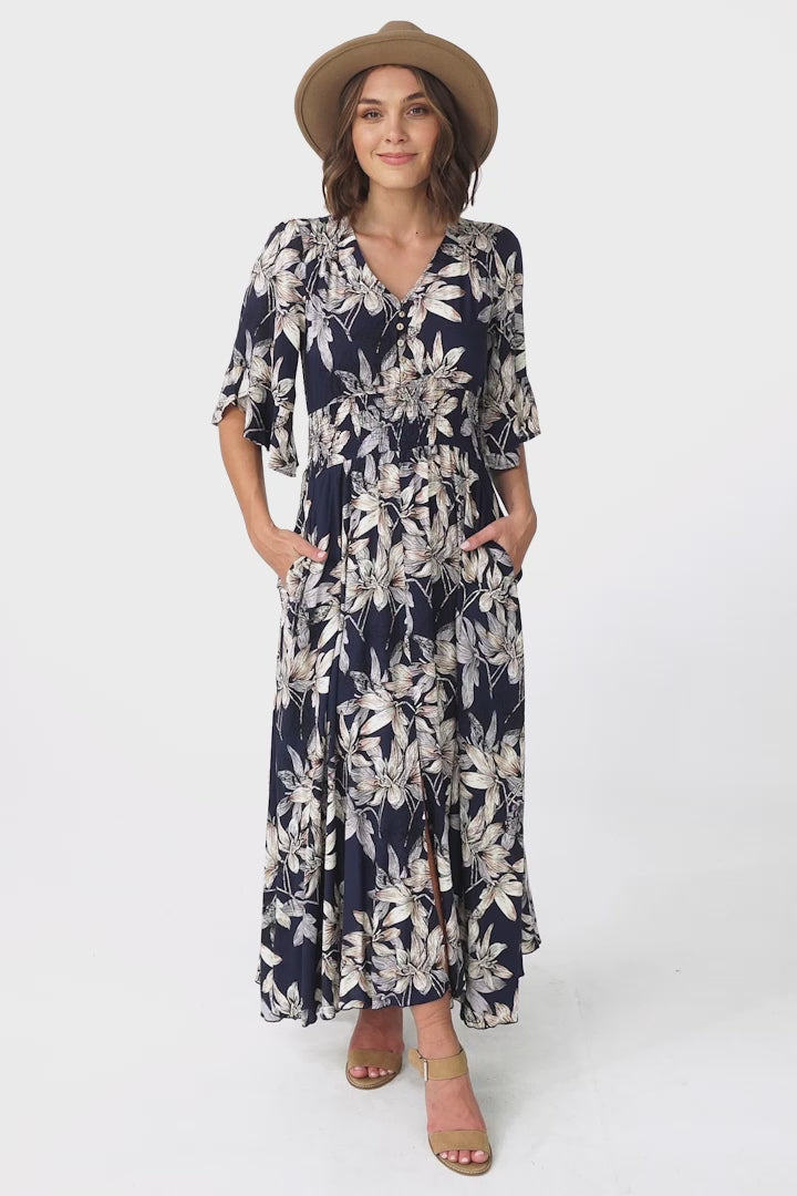 Frigg Maxi Dress - Buttoned Bodice A Line Dress With Flute Sleeves In Navy