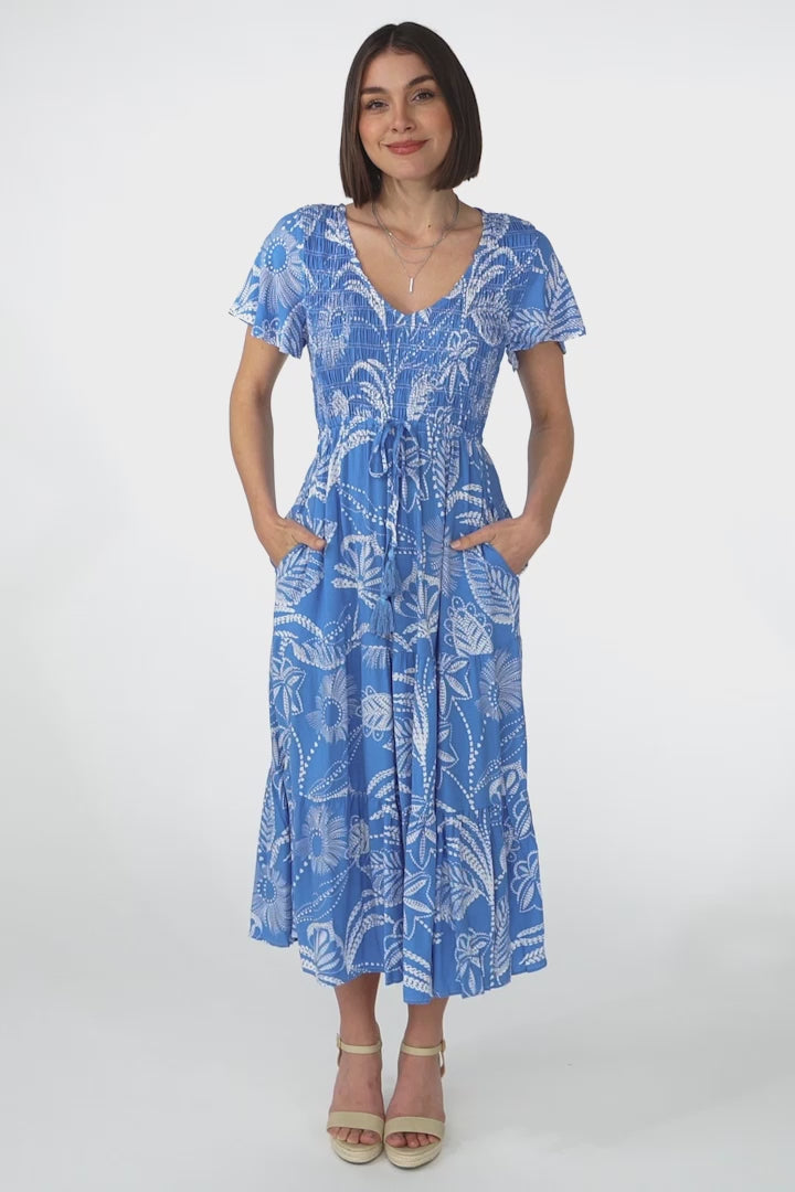 Amaya Midi Dress - Shirred Cap Sleeve A Line Dress in Havanna Print Blue