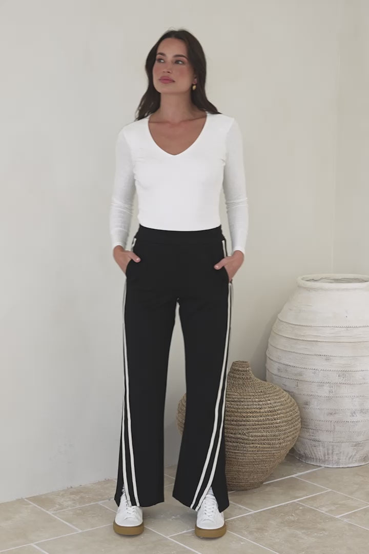 Delaware Pants - High Waisted Sports Stripe Pants with Side Splits and Pockets in Black