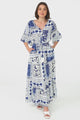 Rae Maxi Dress - Buttoned Bodice Pull Waist A Line Dress in Loa Print Blue