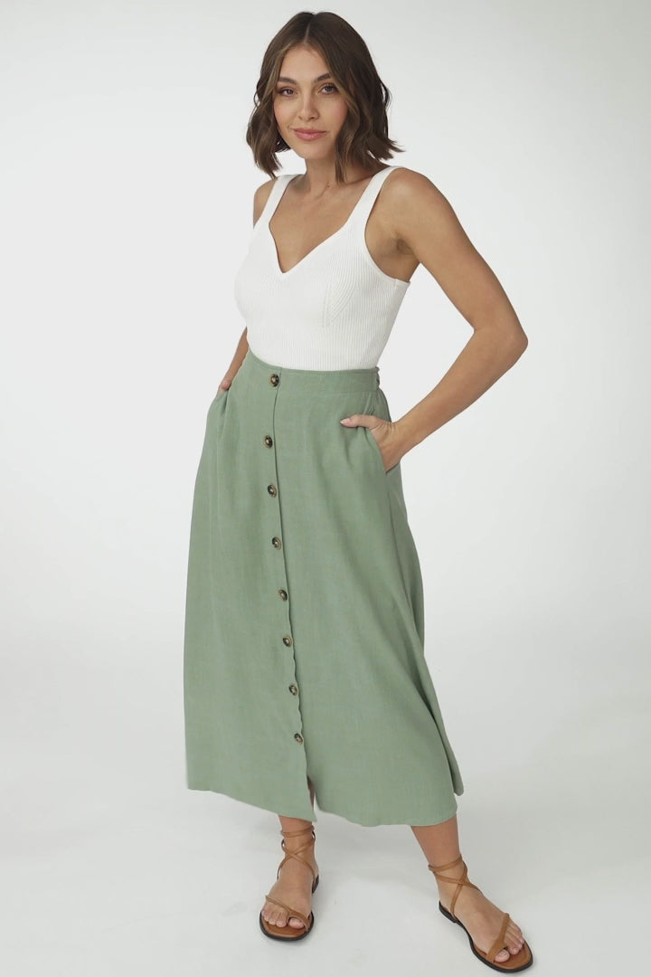 Murphy Midi Skirt - High Waisted Button Decal A-Line Skirt in Sage