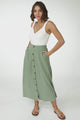 Murphy Midi Skirt - High Waisted Button Decal A-Line Skirt in Sage