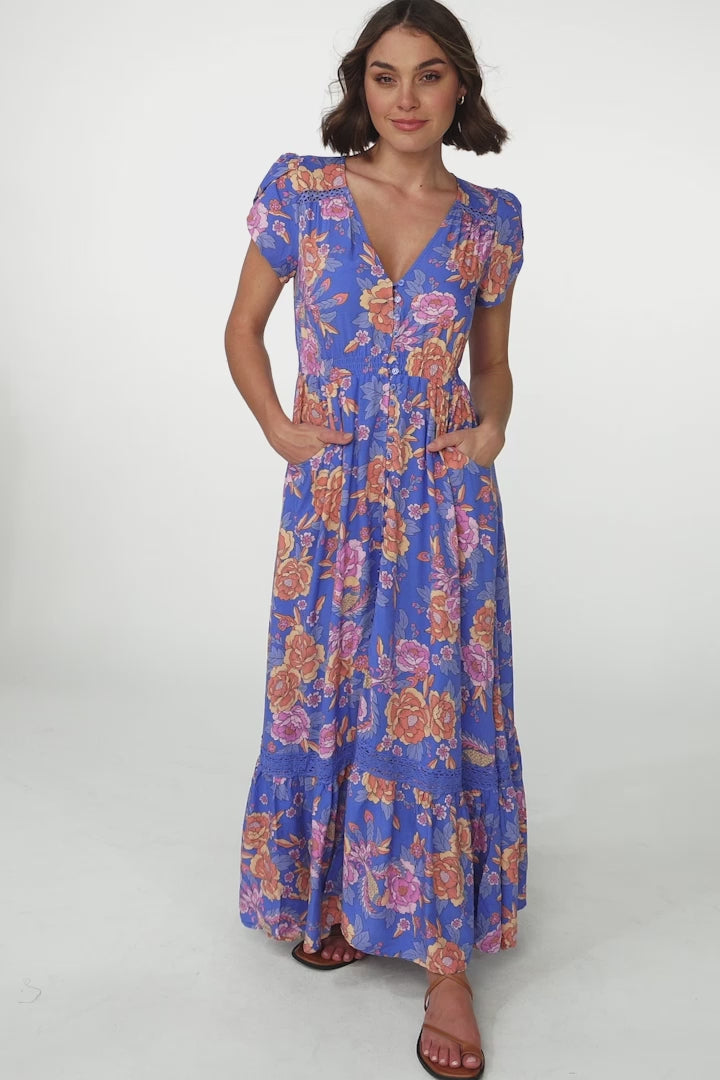 JAASE - Carmen Maxi Dress: Butterfly Cap Sleeve Button Down A Line Dress with Lace Trim in Glastonbury Print