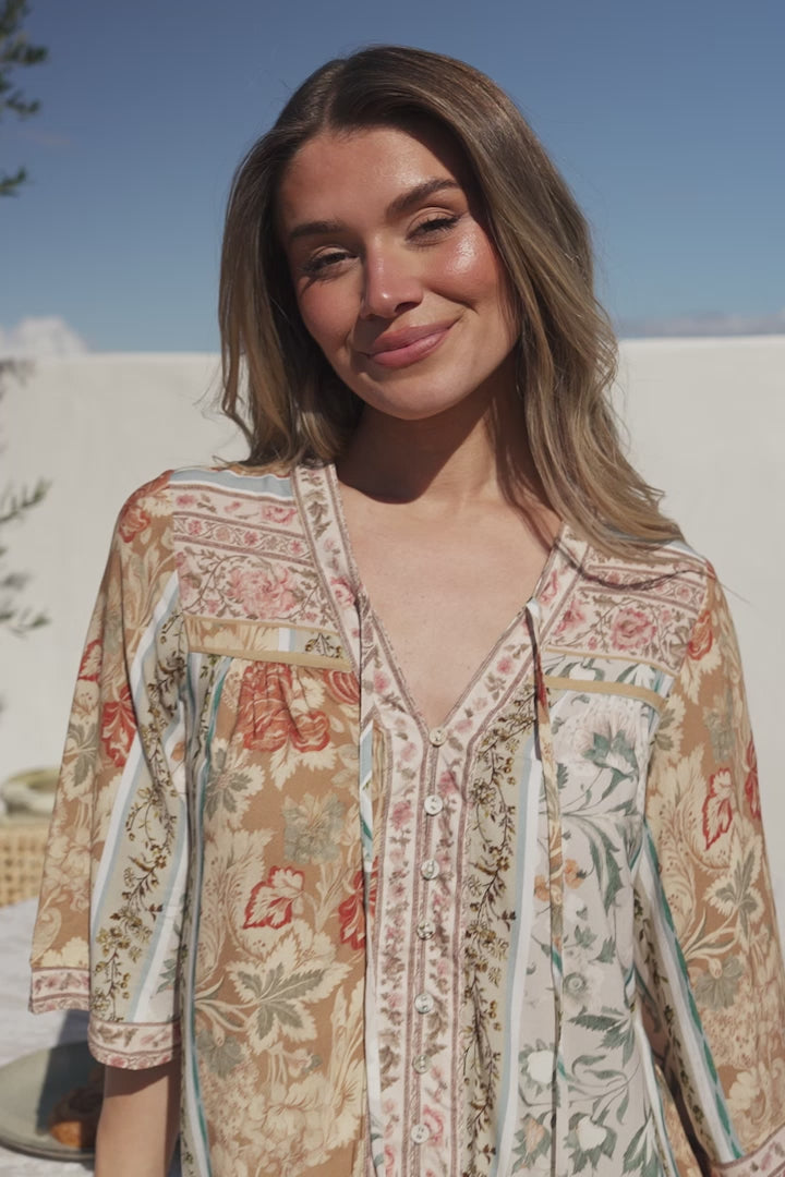 Elysia Blouse - Deep V Neck Button Down 3/4 Sleeve Top in Lyla Print