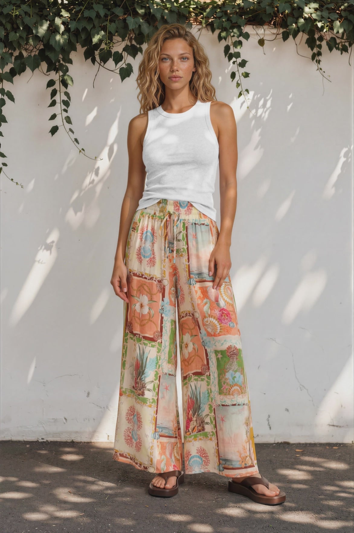 Mezza Pants - Paper Bag High Waisted Wide Leg Pants in Iluka Print