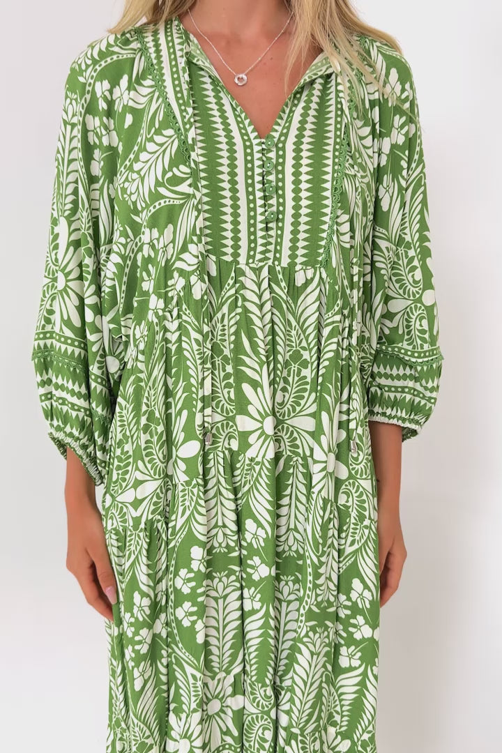 Kamali Midi Dress - Batwing Sleeve Smock Dress with Lace Detailing in Marette Print Green