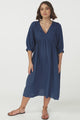 Mariah Midi Dress - V Neck Smock Dress with Batwing Sleeves in Navy