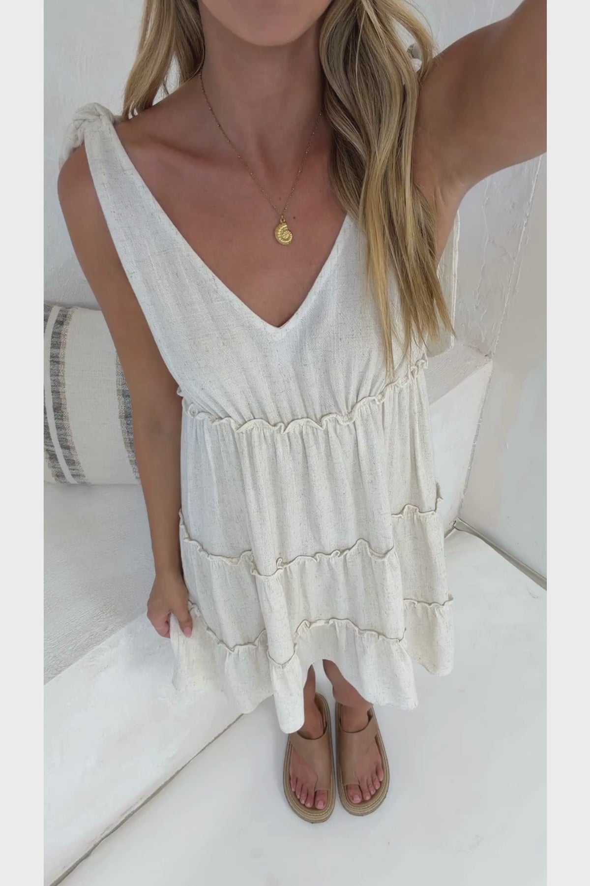 Lacy Mini Dress - Tie on Shoulder Strap Frill Splicing Tiered Sun Dress in Beige