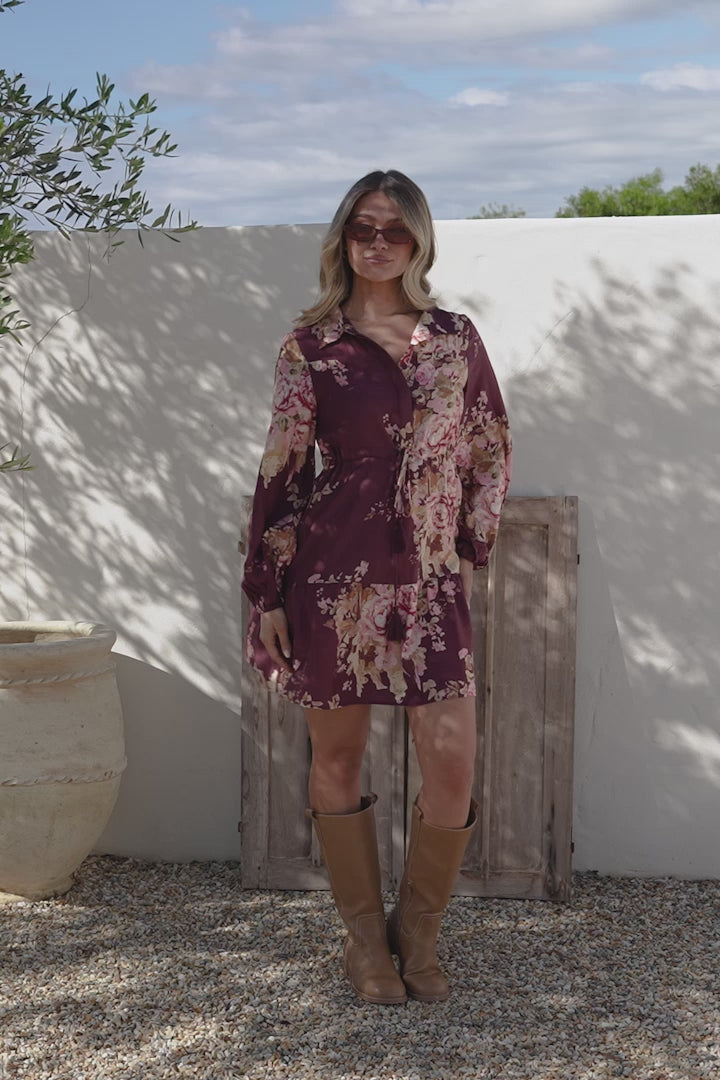 Anora Mini Dress - Collared Long Sleeve Dress with Pull Tie Waist in Vela Print Burgundy