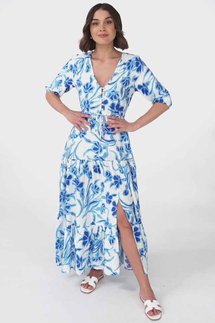 Rachel Maxi Dress - V-Neck 3/4 Sleeve Pull Tie Waist Tiered Dress in Braley Print Blue