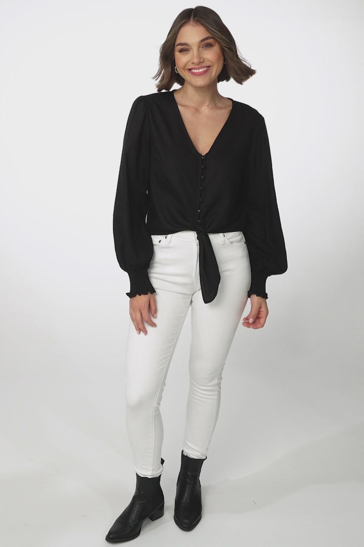 Amber Top - Button Down with Tie Detail Top in Black