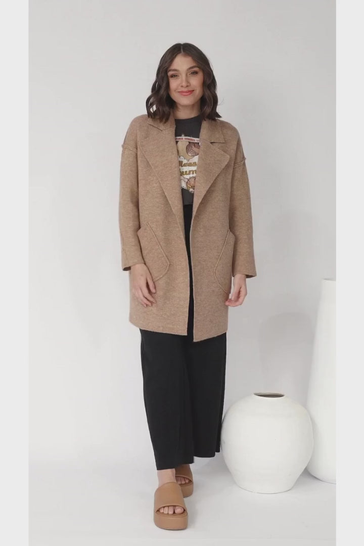 Kierce Cardigan - Folded Lapel Collar Coatigan with Pockets in Tan