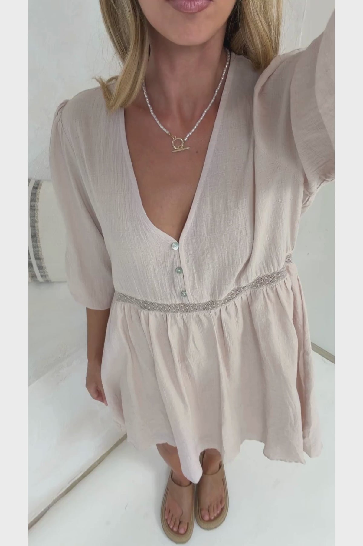 Liana Mini Dress - V Neck Empire Crochet Trim Waist Dress with Balloon Sleeves in Pink