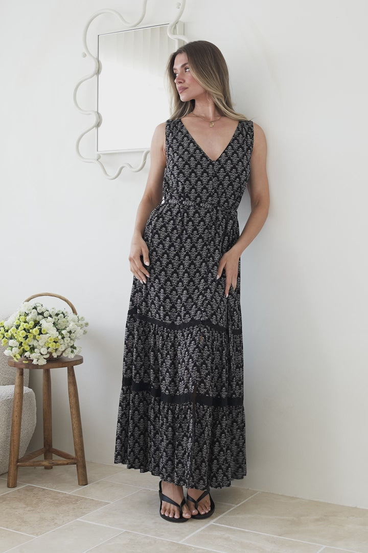Karen Maxi Dress - Sleeveless Tiered Button Down with Lace Splicing and Waist Tie in Almaya Print