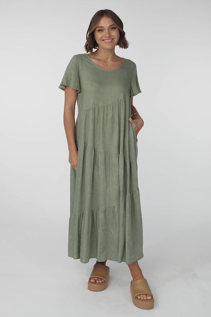 Allegra Midi Dress - Relaxed Asymmetric Tiered Linen Smock Dress in Khaki