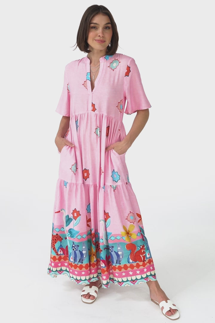 Jasinta Midi Dress - Mandarin Collar Tiered Pull Over Dress in Pippa Print Pink