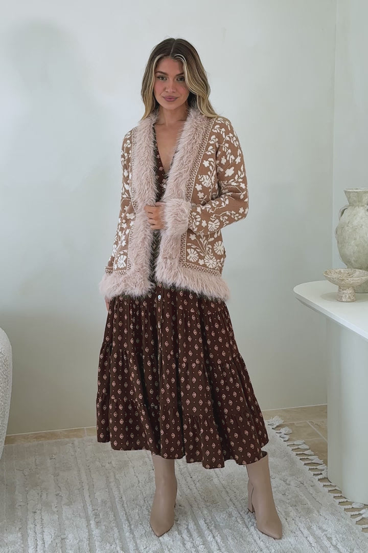 Wolfe Jacket - Faux Fur Trim Open Knit Jacket in Camel