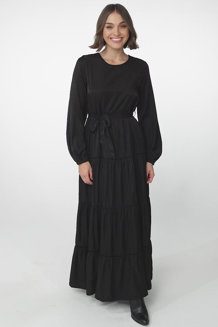 Binita Maxi Dress - Tiered Dress with Matching Belt in Black