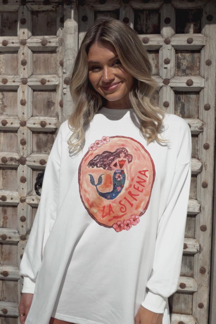 La Sirena Set - Graphic Long Sleeve Top and Pants with Stripe Accent in Orange