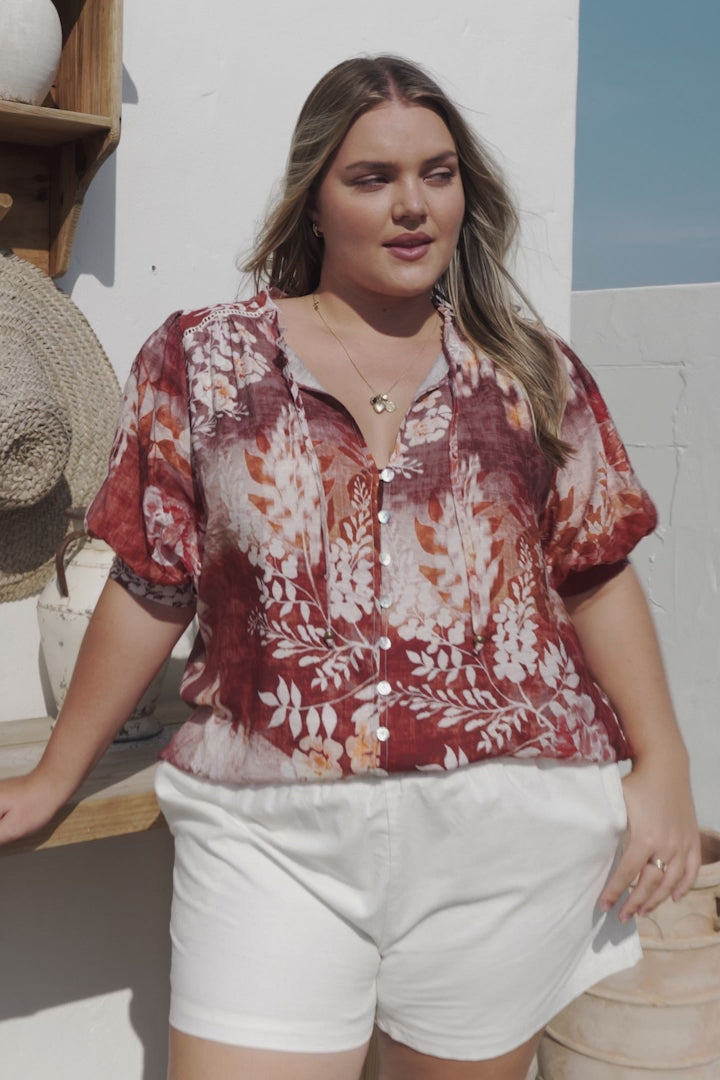 Acacia Blouse - Button Down Short Balloon Sleeve Shirt with Buttoned Cuffs in Ashara Print