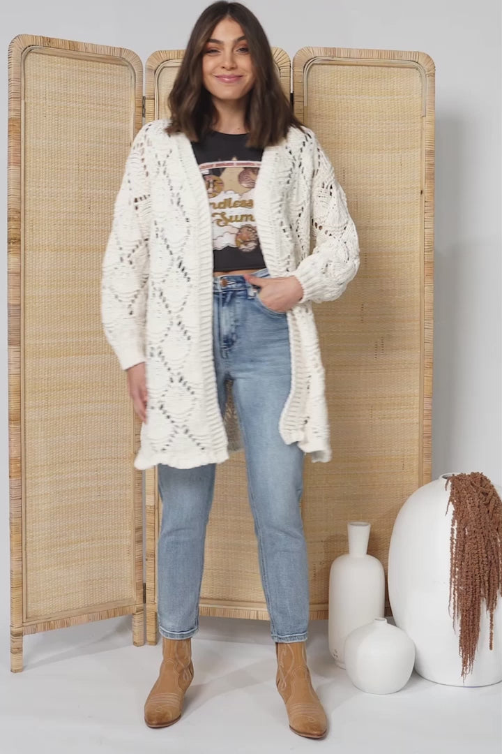 JAASE - Honour Cardigan: Open Knit Cardigan in Cream