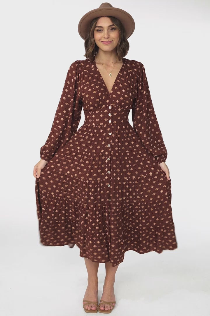 Bello Midi Dress - Button Through Dress with Balloon Sleeves in Kendy Print