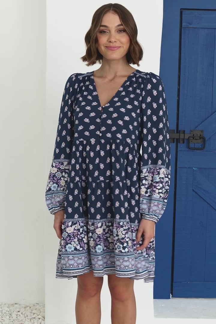 Jaynie Mini Dress - Long Balloon Sleeve Smock Dress in Linnie Print