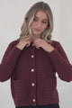 Dionne Cardigan - Thick Round Neck Gold Button Down Cardigan in Wine