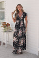 Jillian Maxi Dress - V Neck Smocked Shirred Bodice A Line Dress with Cap Flutter Sleeves in Karyna Print