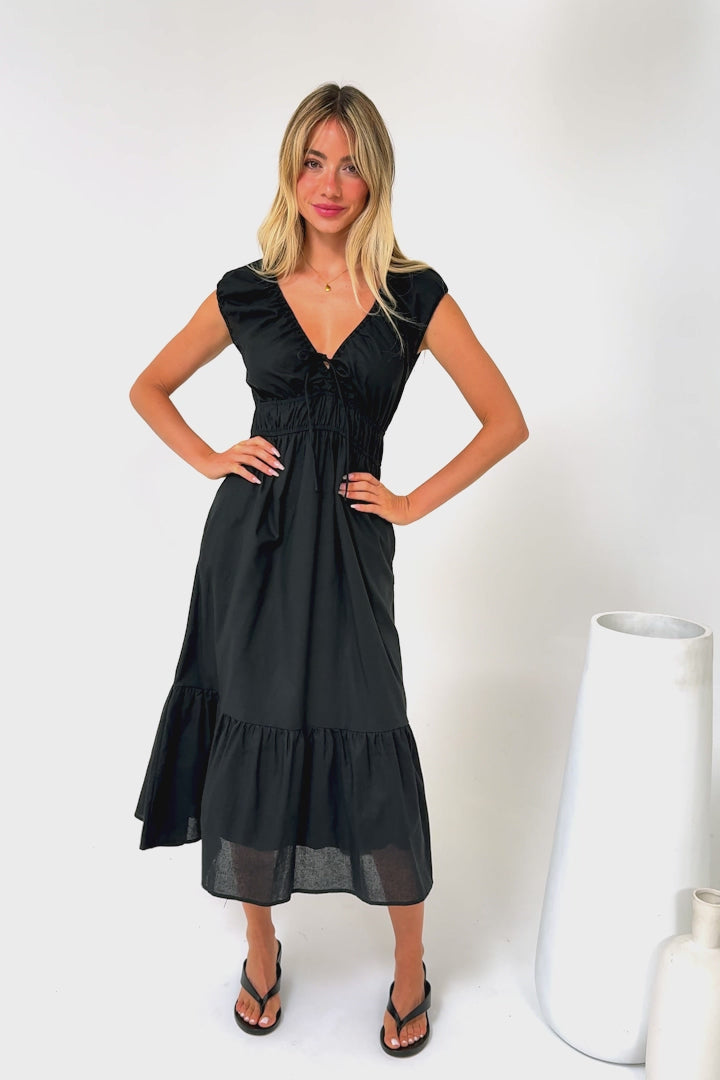 Miramar Midi Dress - V-Neck Gathered Bust Cap Sleeve Dress with Pockets in Black