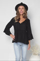 Sandy Top - Crochet Neckline Buttoned Bodice Flare Sleeve Smock Top in Black