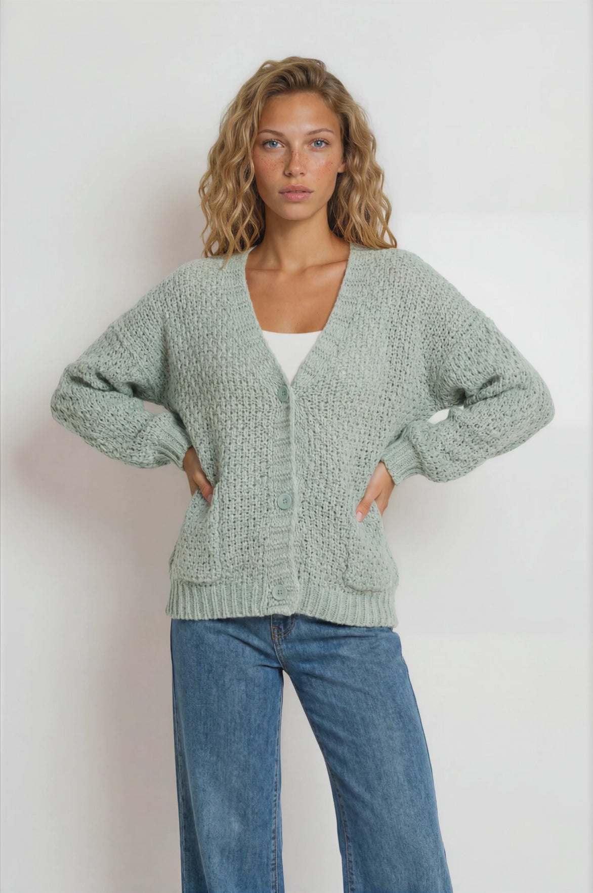 Grayson Cardigan - V-Neck Button Front Knit with Pockets and Balloon Sleeves in Sage