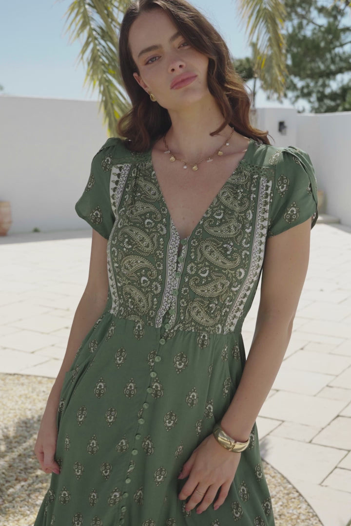 JAASE - Carmen Maxi Dress: Butterfly Cap Sleeve Button Down A Line Dress with Lace Trim in Virdian Print