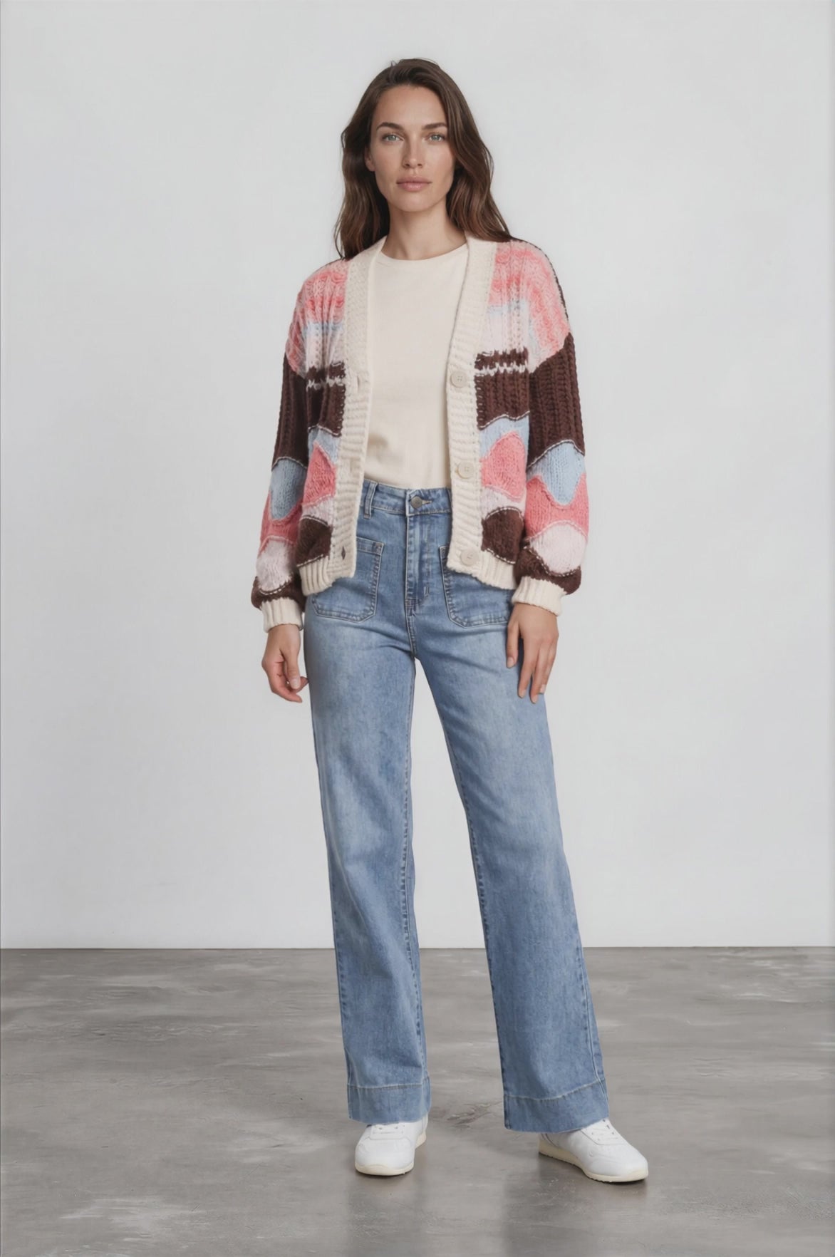 Bellamy Cardigan - Button Front V Neck Multicoloured Stripe Knit in Chocolate/Pink