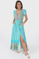 JAASE - Carmen Maxi Dress: Butterfly Cap Sleeve Button Down A Line Dress with Lace Trim in Atlantis Print