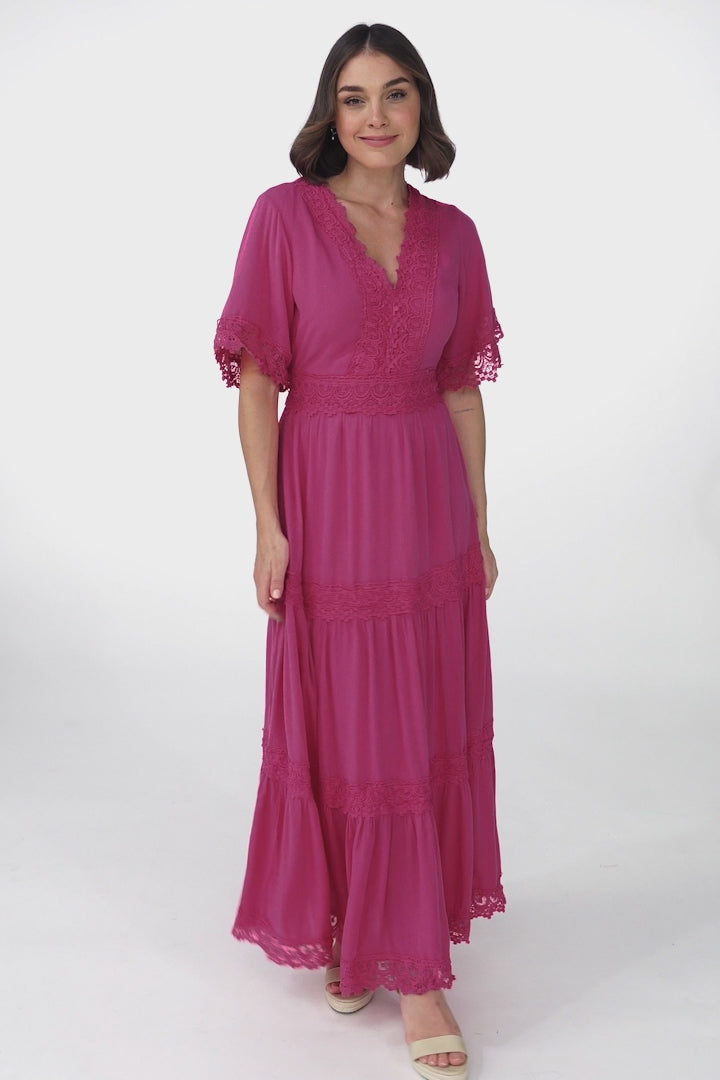 Peony Maxi Dress - Lace Detailed A Line Dress with Flute Sleeves in Magenta