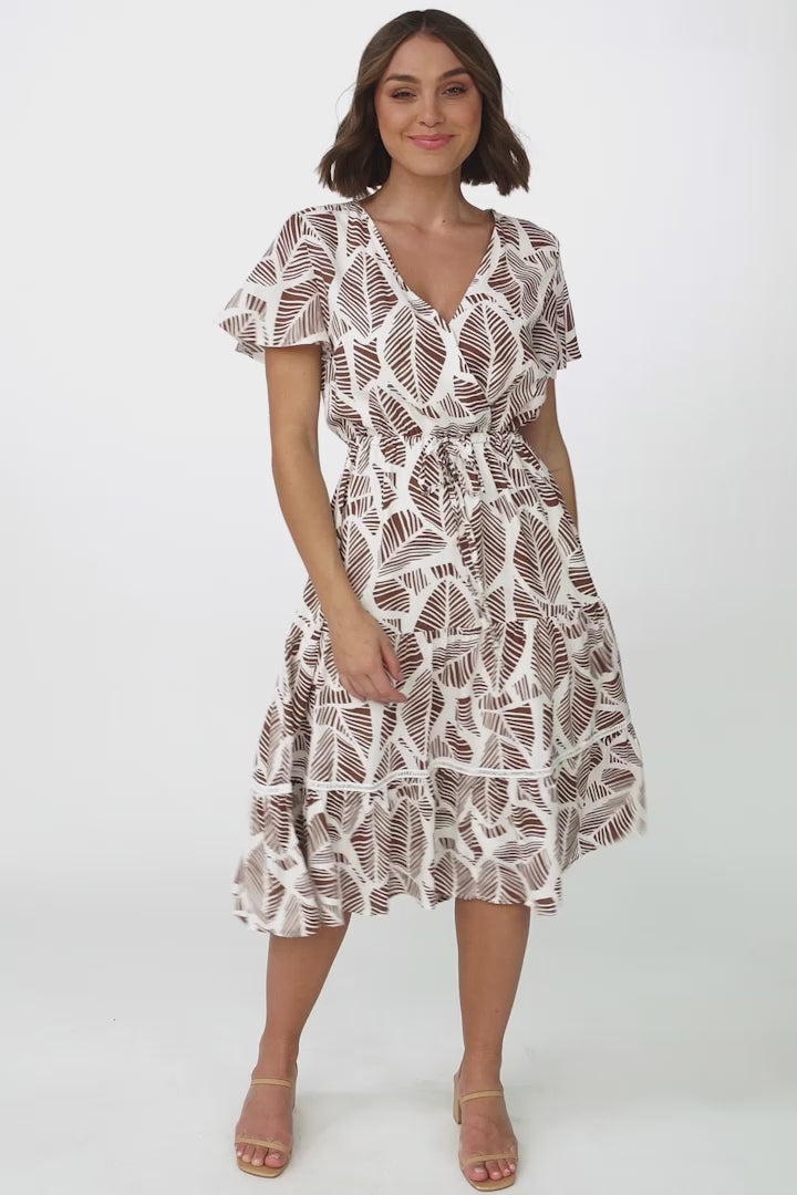 Kris Midi Dress - Cross Bodice A Line Dress with Crochet Spilicing in Havanah Print White