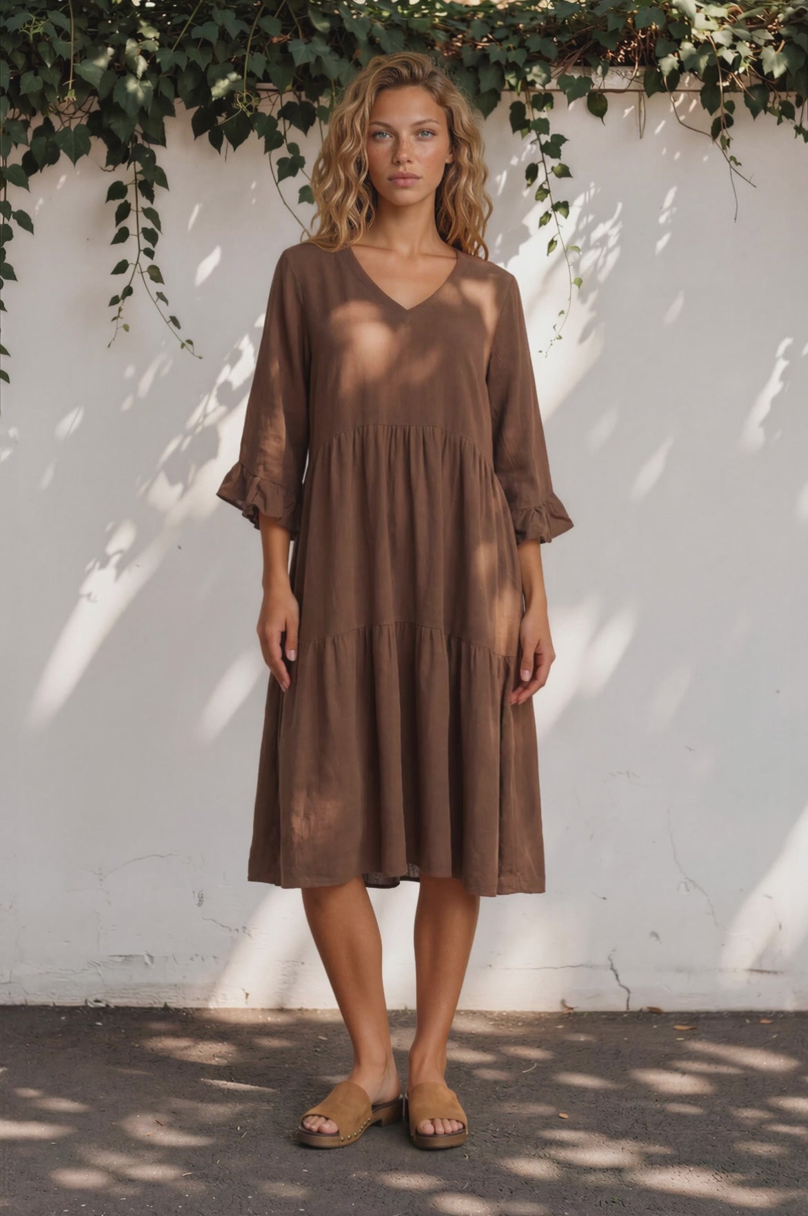 Bobby Midi Dress -  V-Neck Tiered Linen Dress with Pockets in Chocolate