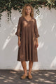 Bobby Midi Dress -  V-Neck Tiered Linen Dress with Pockets in Chocolate