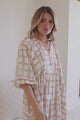 Kamali Midi Dress - Batwing Sleeve Smock Dress with Lace Detailing in Beth Print Beige