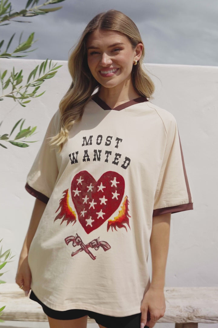 Most Wanted Tee - Graphic Print Short Sleeve T-Shirt with Racer Stripe Sleeves in Beige