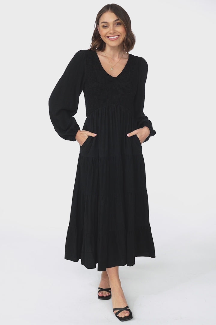 Maive Midi Dress - Shirred Bodice Tiered A Line Dress in Black