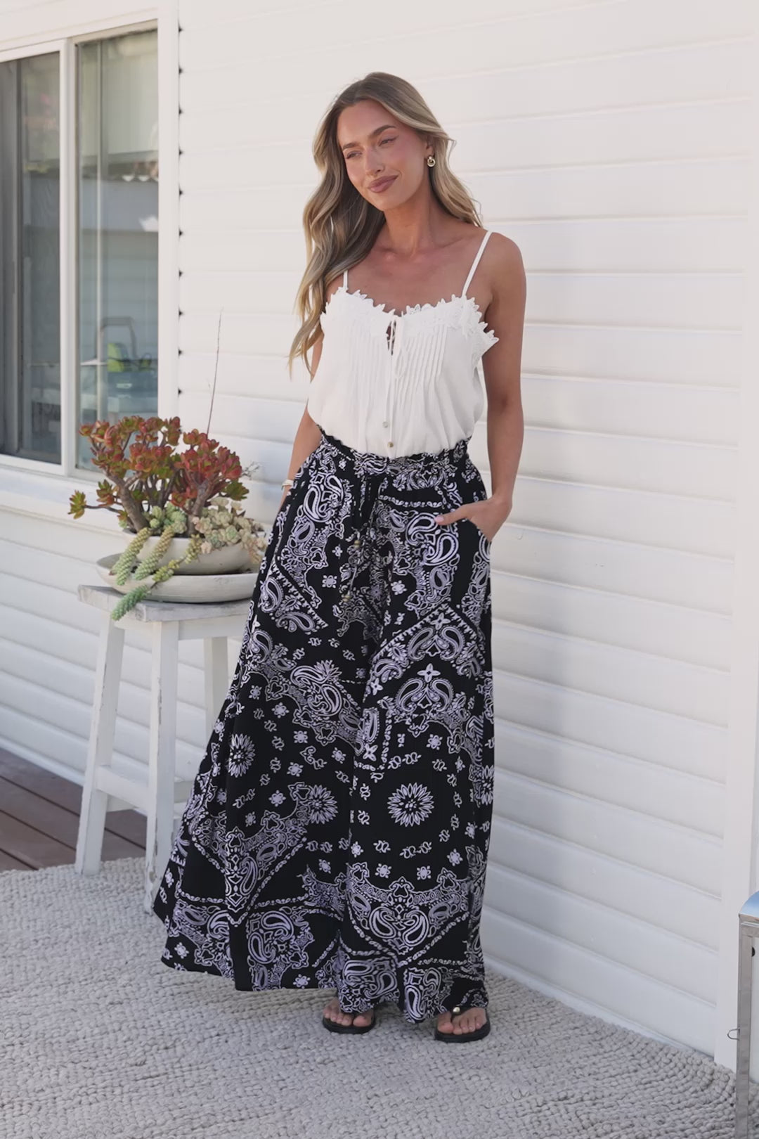 Charli Pants - Paper Bag High Waisted Wide Leg Pants in Barley Print Black