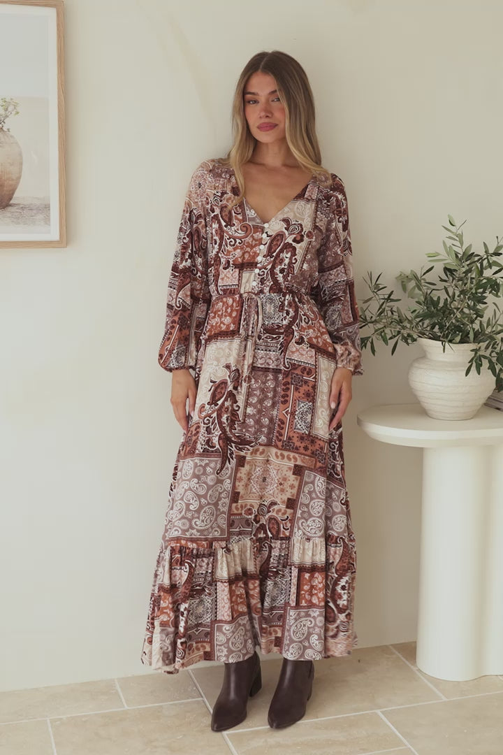 Ali Maxi Dress - V Neck Pull Tie Waist Tiered Dress in Novak Print Chocolate