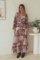 Ali Maxi Dress - V Neck Pull Tie Waist Tiered Dress in Novak Print Chocolate